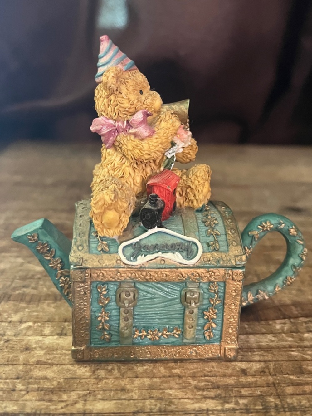 January Teddy Bear Teapot Trinket Box - Blue and Gold
